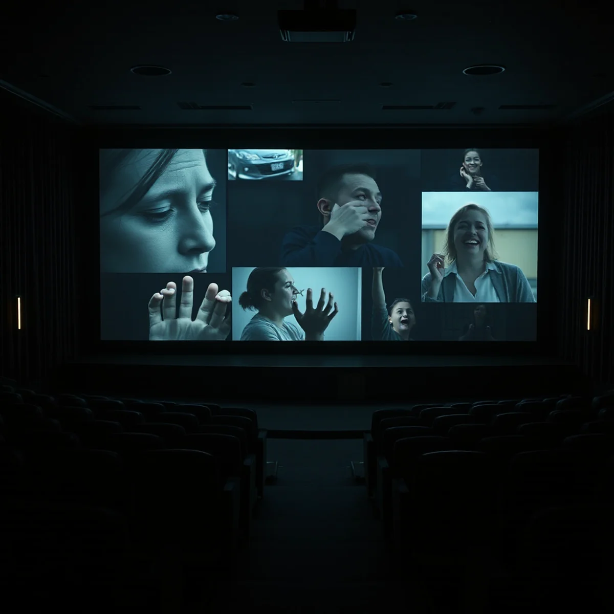 A wide shot symbolizing the emotions of a film, with various emotional scenes subtly blending into a glowing screen inside a dark movie theater.