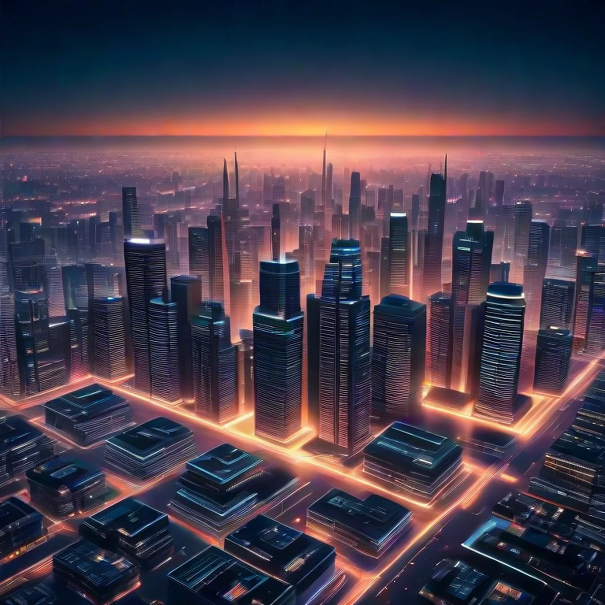 Cinematic aerial view of a glowing metropolitan cityscape at night