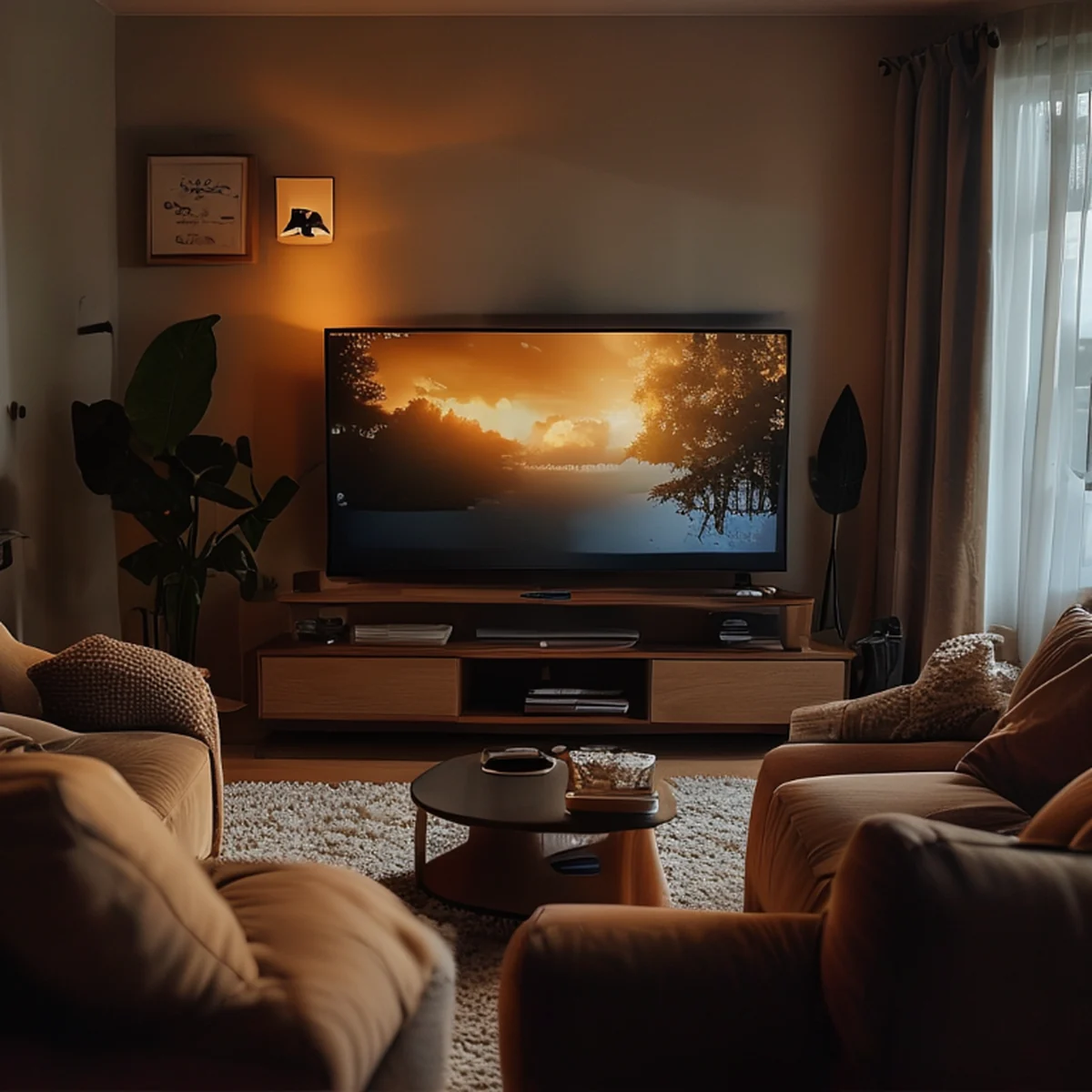 Ein moderner Fernseher in einem stilvollen Wohnzimmer für das Streaming-Erlebnis.