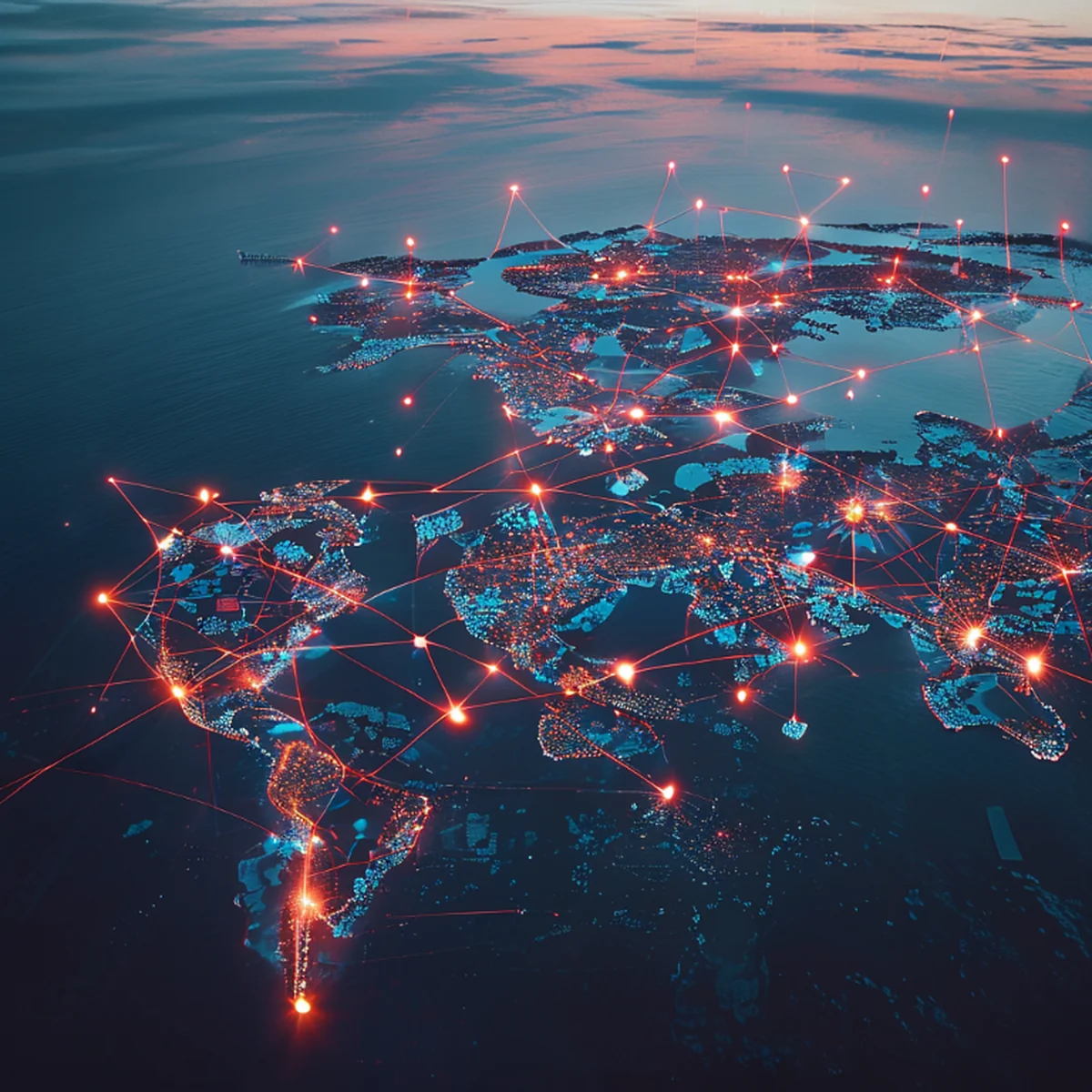 Vista aérea de una red digital conectando ciudades en todo el mundo.