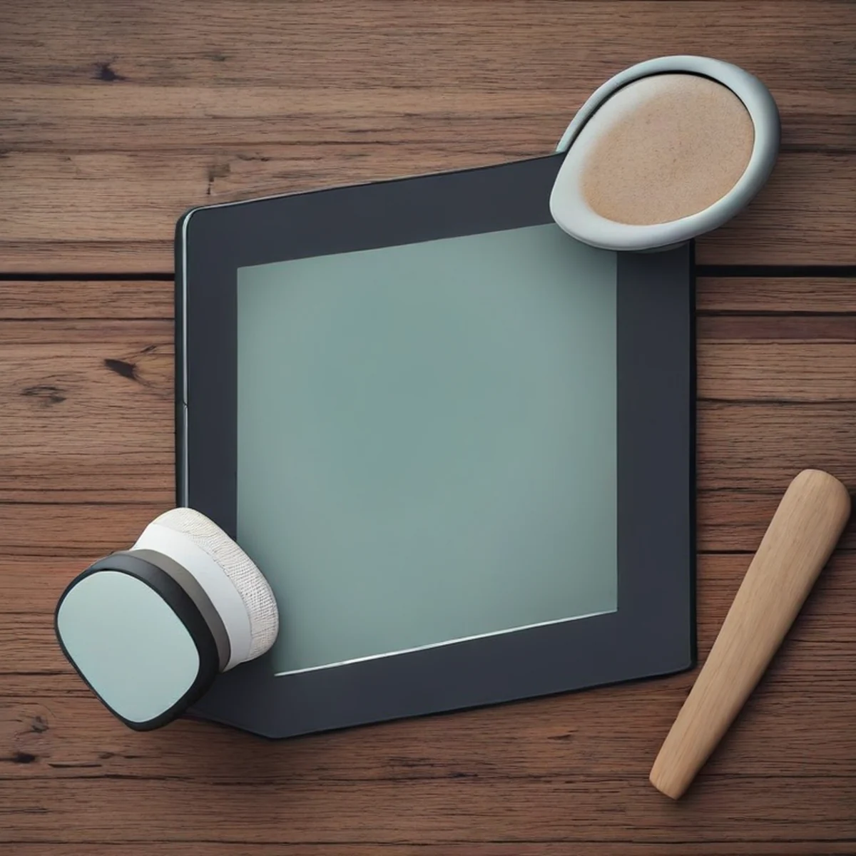 Une tablette et des écouteurs sur un bureau minimaliste dans une lumière tamisée.