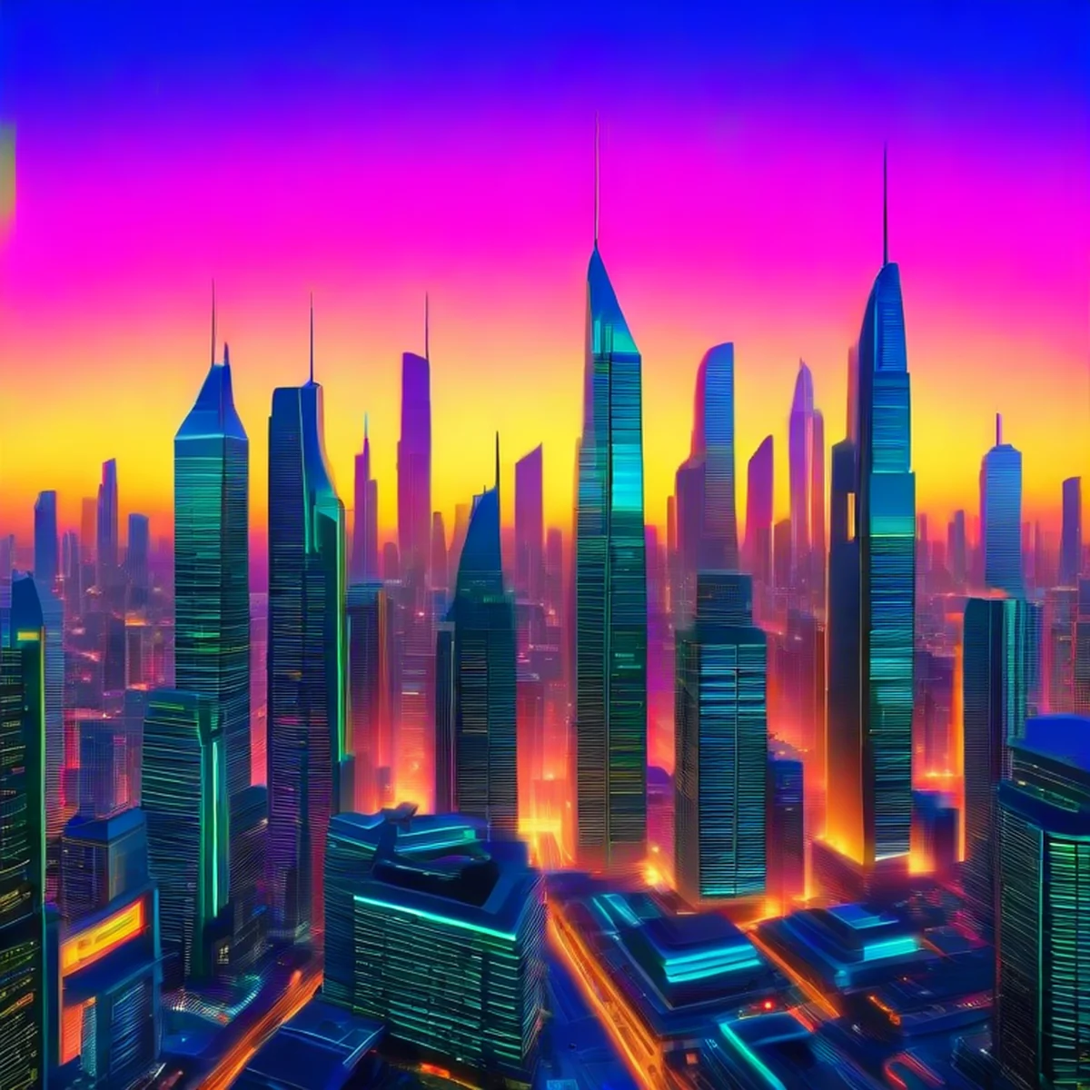 Een futuristische sciencefiction stad met levendige kleuren.