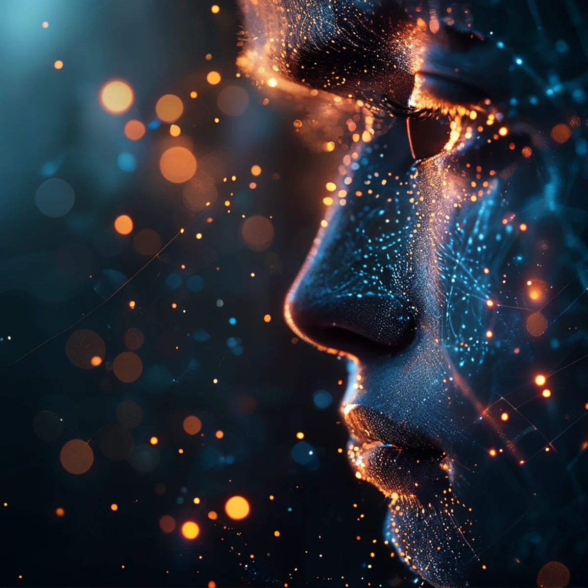 Detalhes de efeitos visuais digitais e partículas brilhantes.