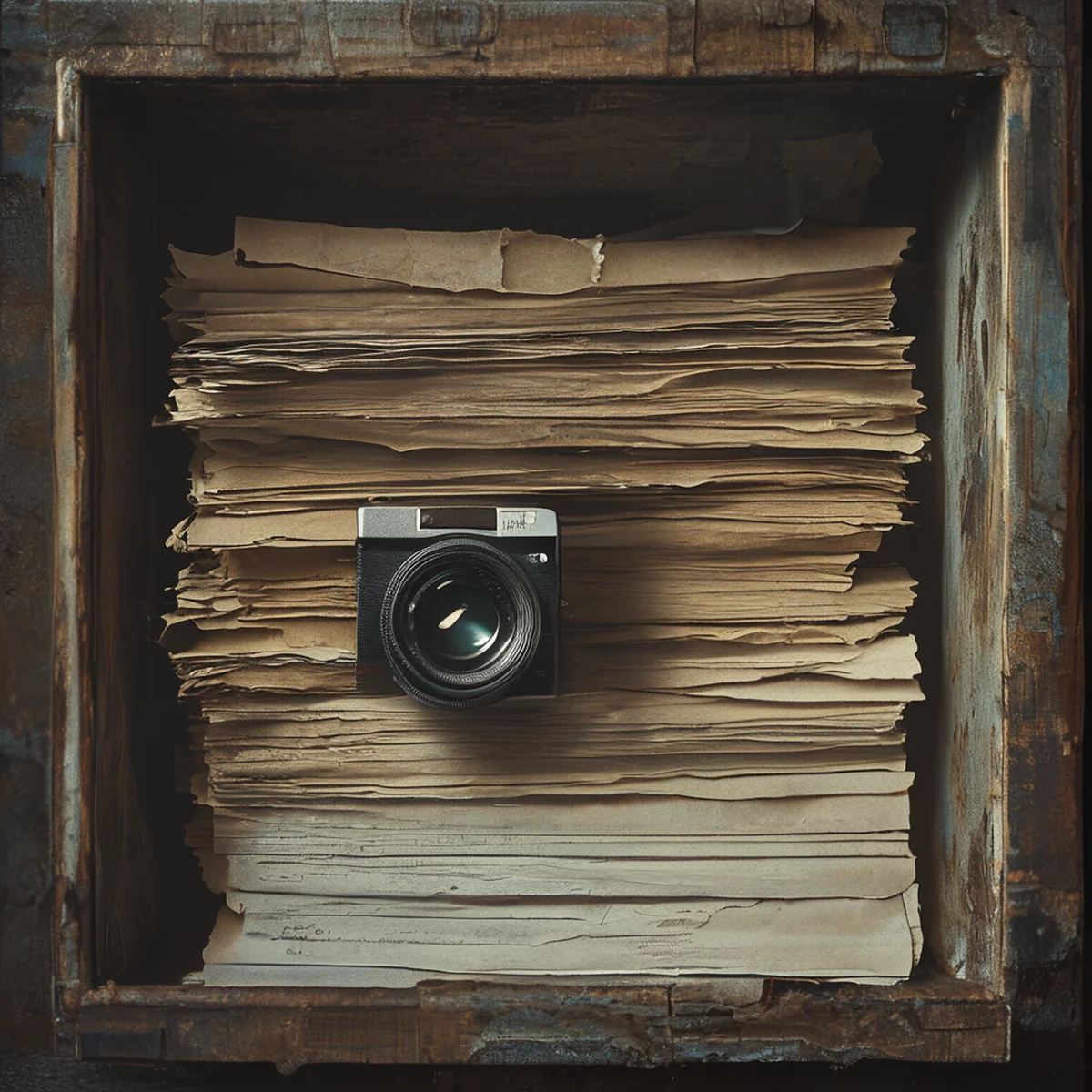 Caixa de arquivo com documentos e lente de câmera representando as origens do gênero