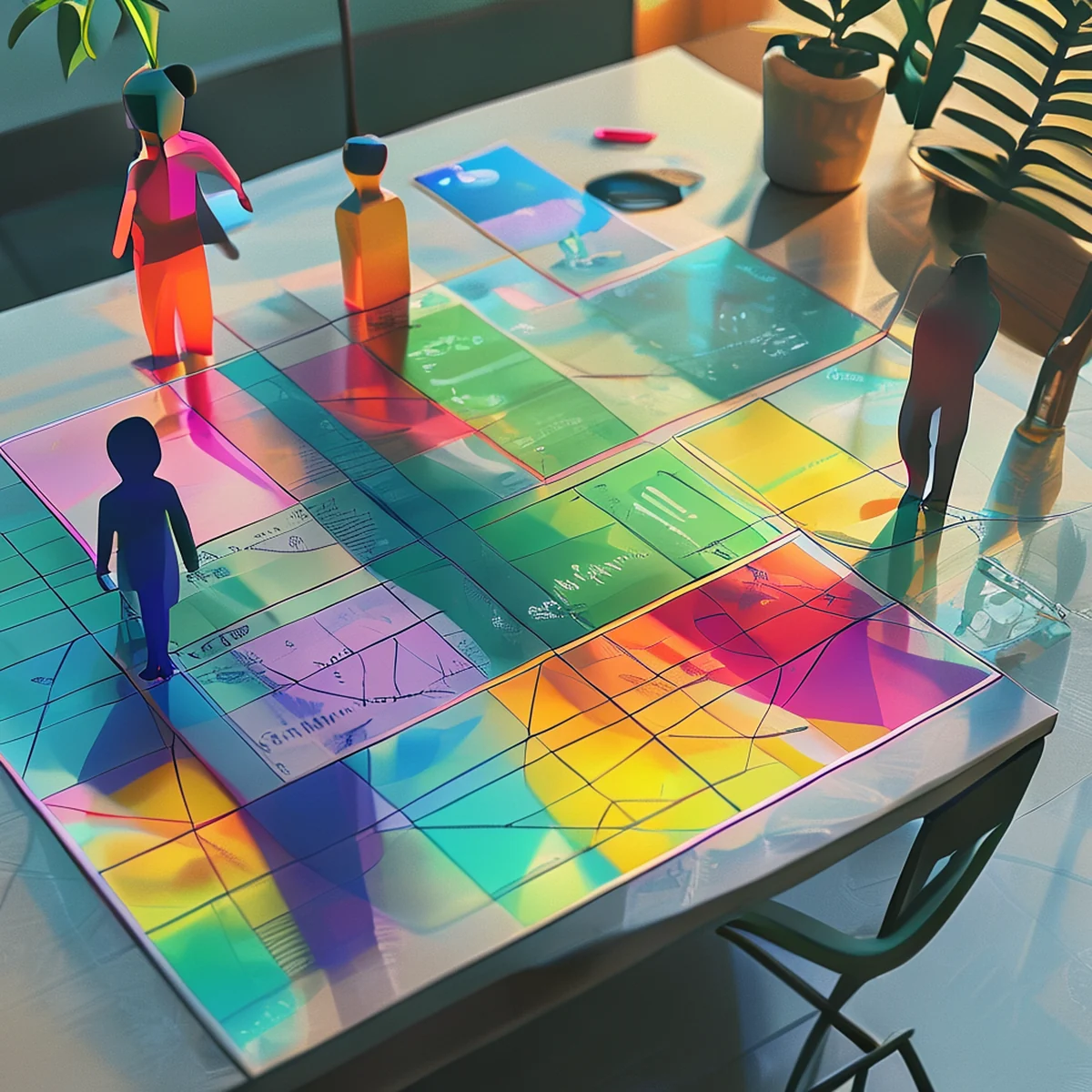 Layout abstrato de painéis de quadrinhos e exibição de dados representando a estrutura do universo
